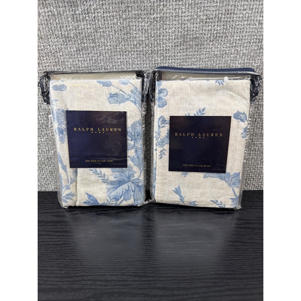 Ralph Lauren CORAL‎ HARBOUR Blue Floral King Shams Set of 2 Cotton Vintage 1990